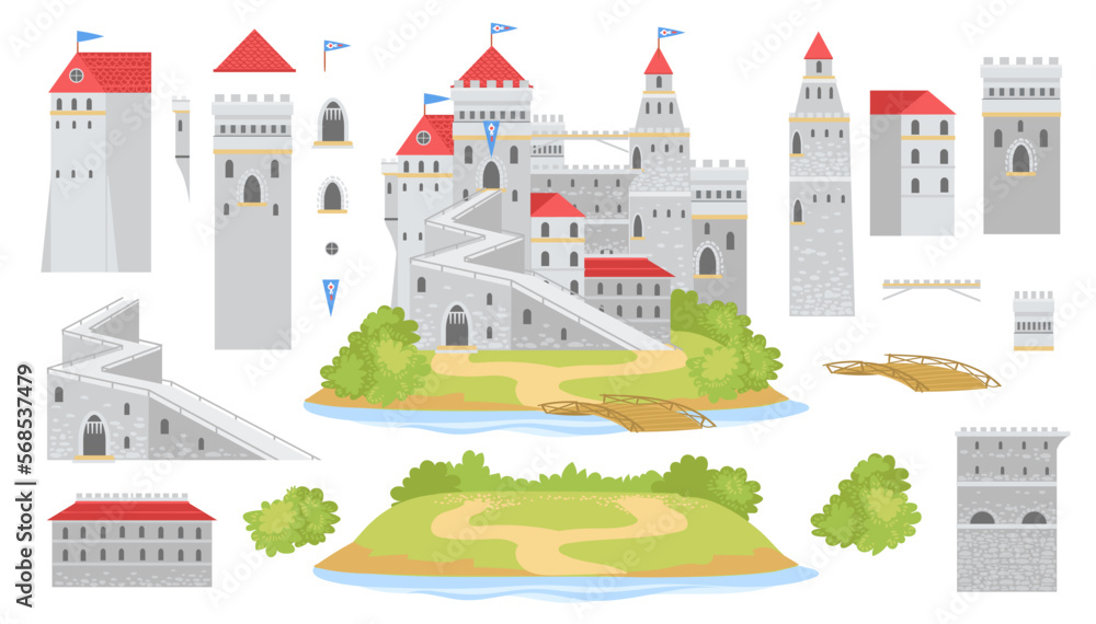 Cartoon castle kit. Fortified building constructor. Fairytale princess palace with towers or stronghold walls. Turret and bridge. Medieval architecture elements set. Splendid vector concept