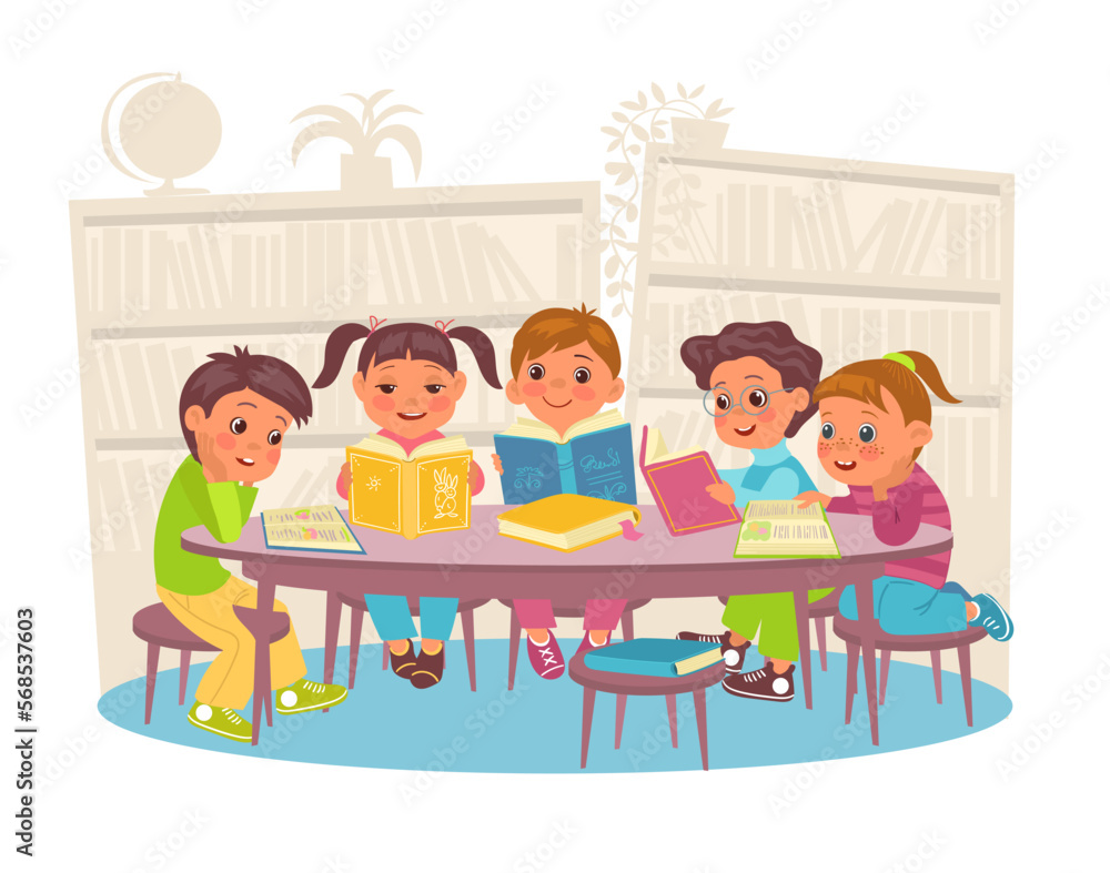 Cute children in library. Students sitting at table in reading room. Boys and girls with open books. Kids education. Elementary school classroom. Literature study. Splendid vector concept Cute children in library. Students sitting at table in reading room. Boys and girls with open books. Kids education. Elementary school classroom. Literature study. Splendid vector concept