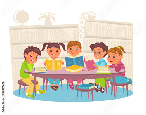 Cute children in library. Students sitting at table in reading room. Boys and girls with open books. Kids education. Elementary school classroom. Literature study. Splendid vector concept