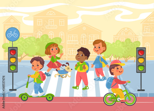 Cute kids on walk outdoor. Zebra crosswalk. Road traffic dangerous. Pedestrians cross path. Children in cityscape. Bicycle and scooter riding. City transportation. Splendid vector concept