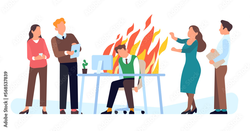 Fototapeta premium Exhausted employee. Tired overworked worker burns out at work. Man sitting in fire flame. Emotion crisis. Overloaded male at computer. Office colleagues. Business failure. Vector concept