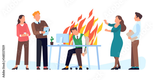 Exhausted employee. Tired overworked worker burns out at work. Man sitting in fire flame. Emotion crisis. Overloaded male at computer. Office colleagues. Business failure. Vector concept