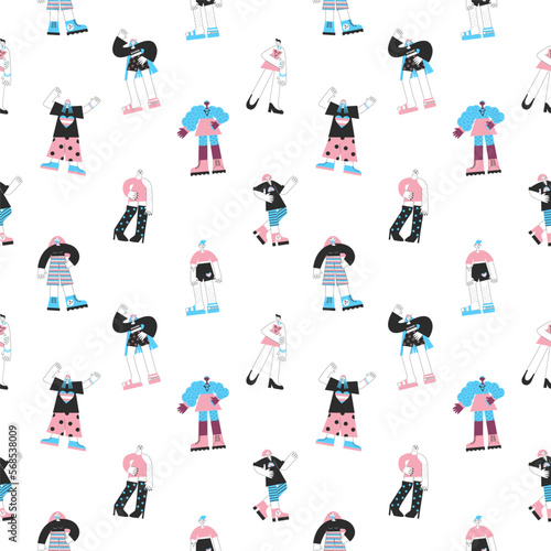 Transgender day of visibility seamless pattern. Trans mtf and ftm people with flag colors and lgbt symbols. Equality, diversity, inclusion, rights, pride. Vector flat illustration.