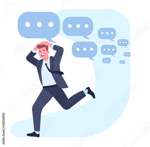 Frightened businessman is fast running away from problem. Hurrying man. Office worker escaping from large number of messages or spam. Speech bubbles. Terrified employee. Vector concept