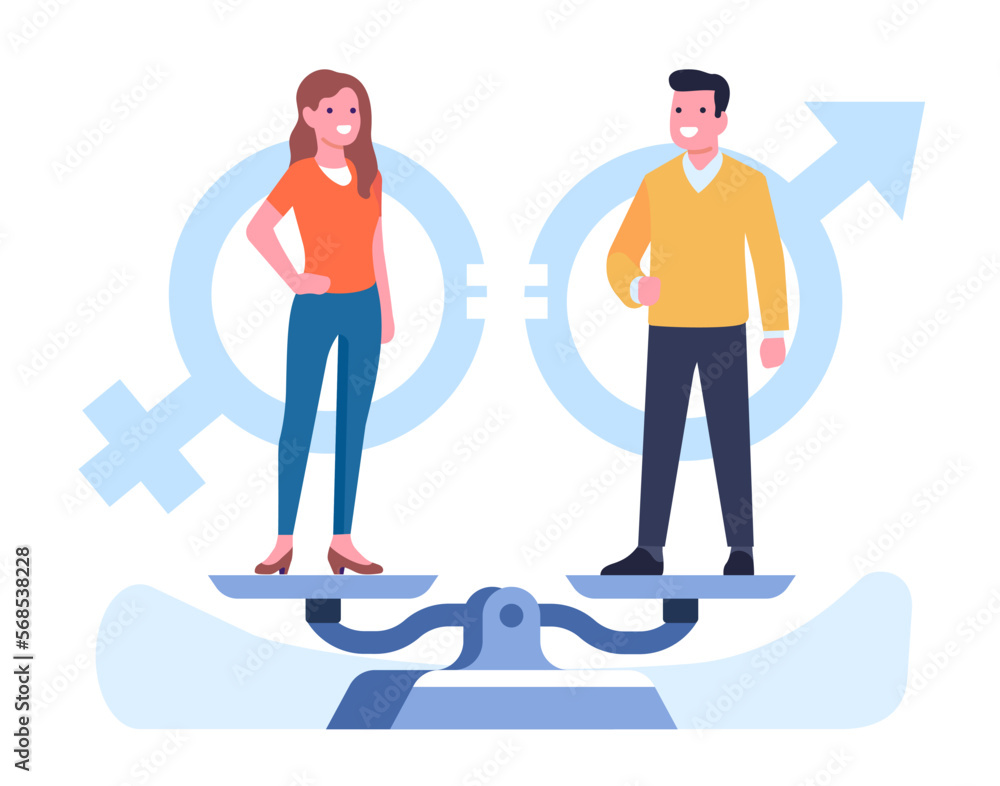 Gender equality between men and women. People standing on weight scales. Equal  rights or discrimination. Opportunities comparison. Feminine and masculine  equilibrium. Vector concept Stock ベクター | Adobe Stock