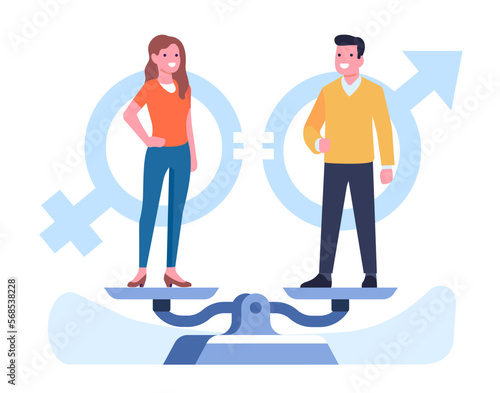 Gender equality between men and women. People standing on weight scales. Equal rights or discrimination. Opportunities comparison. Feminine and masculine equilibrium. Vector concept