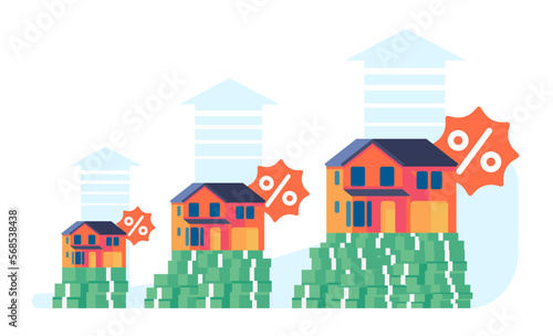 Home prices are rising. Real estate growth. Property value infographic. Money banknotes heaps. Banking mortgage rate progress chart. Financial diagram. Economy crisis. Vector concept