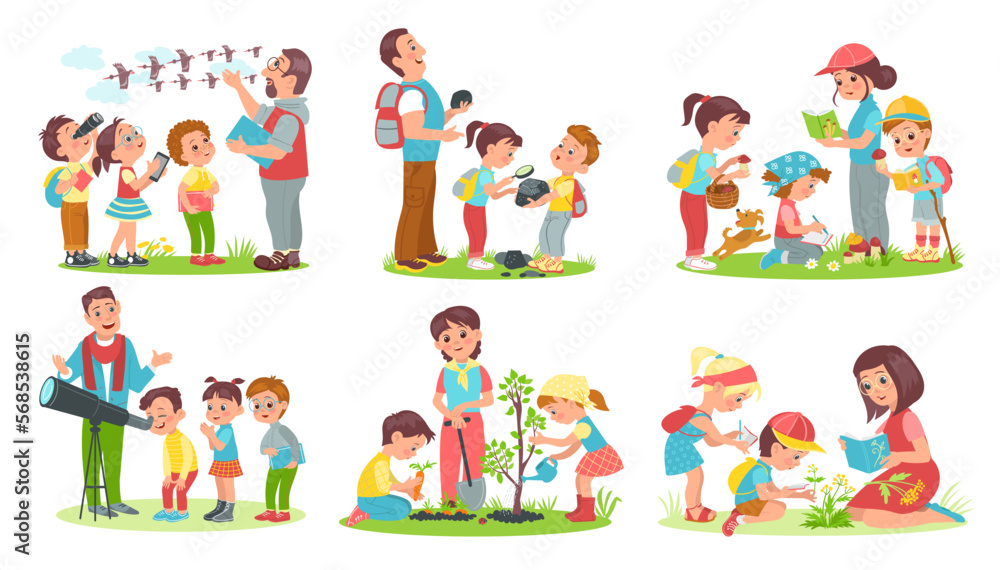 Kids learn nature. Young naturalists discover world with teachers. Practical outdoor activities. Mentors and students. People planting trees and studying animals. Splendid vector set