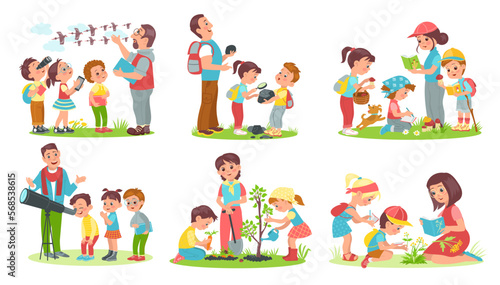 Kids learn nature. Young naturalists discover world with teachers. Practical outdoor activities. Mentors and students. People planting trees and studying animals. Splendid vector set