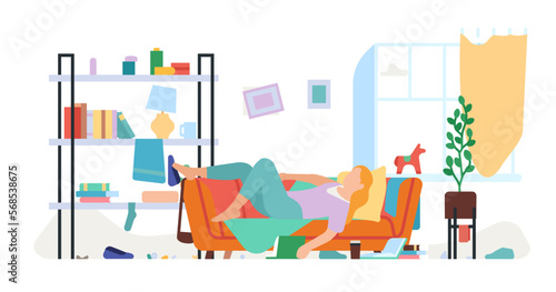 Lazy woman in messy room. Home clutter. Trash and scattered things. Female lying on couch. Depression and procrastination. Young tired passive person. Dirty apartment. Vector concept