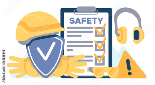 Occupational safety. Health and environmental protection. Protective helmet and glasses. Yellow gloves and headset. Labor safe. Industrial rules list. Security shield. Vector concept