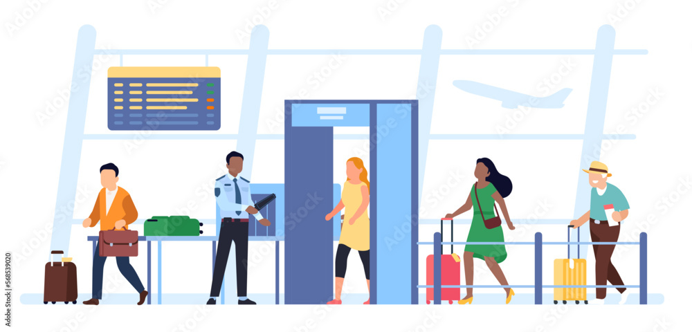 Passengers and tourists pass through gates with detectors at airport. Security guard scanning baggage. Men and women waiting in queue. Airline transportation safety. Vector concept