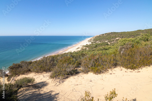 One of the most beautiful beaches in Spain, called (El Asperillo, Doñana, Huelva) in Spain. Surrounded by dunes, vegetation and cliffs. A gorgeous beach.