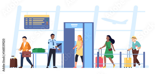 Passengers and tourists pass through gates with detectors at airport. Security guard scanning baggage. Men and women waiting in queue. Airline transportation safety. Vector concept