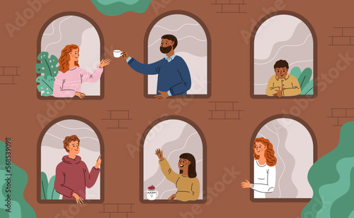 Peeking out window funny characters. Happy people interact with each other. Neighbors at home. House facade. Residential building exterior. Men and women communication. Garish vector set