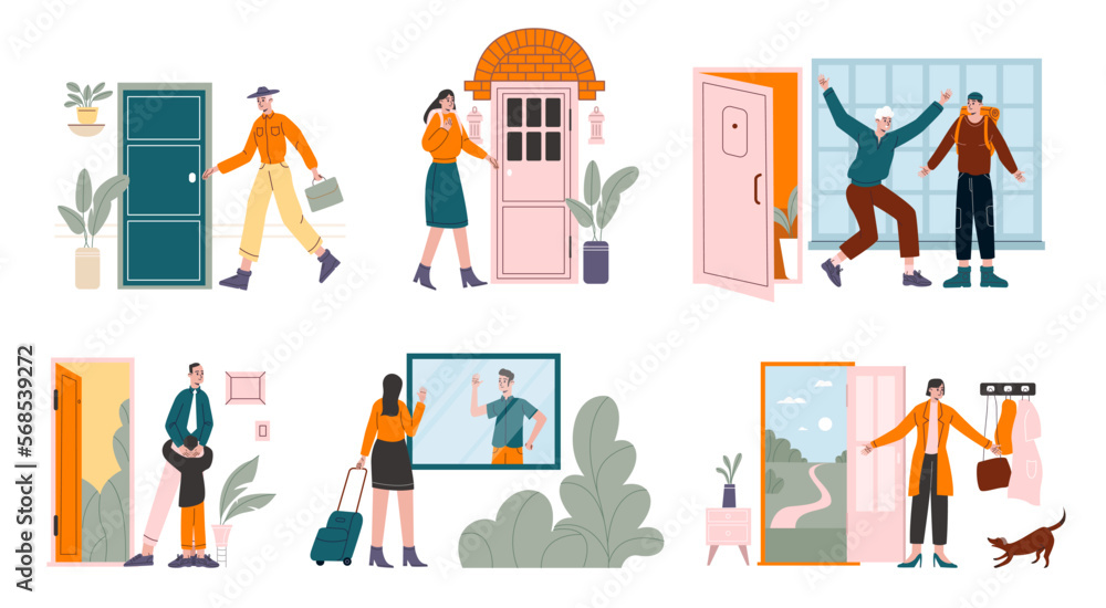 People return home. Men and women enter doors. Waiting and meeting. Returning from work. Guys and girls greeting on doorsteps. Apartment entrance. Persons coming at house vector set