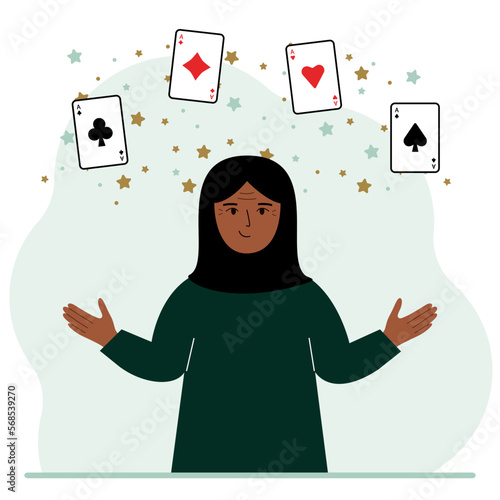 Woman holding playing cards cards. Playing combination of 4 aces or four of a kind.