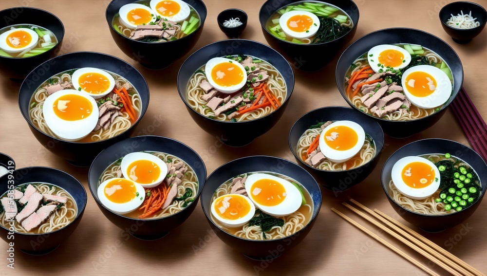 Delicious bowls of Japanese Ramen with egg, noodles, and chicken, Ai Generated Delicious bowls of Japanese Ramen with egg, noodles, and chicken, Ai Generated