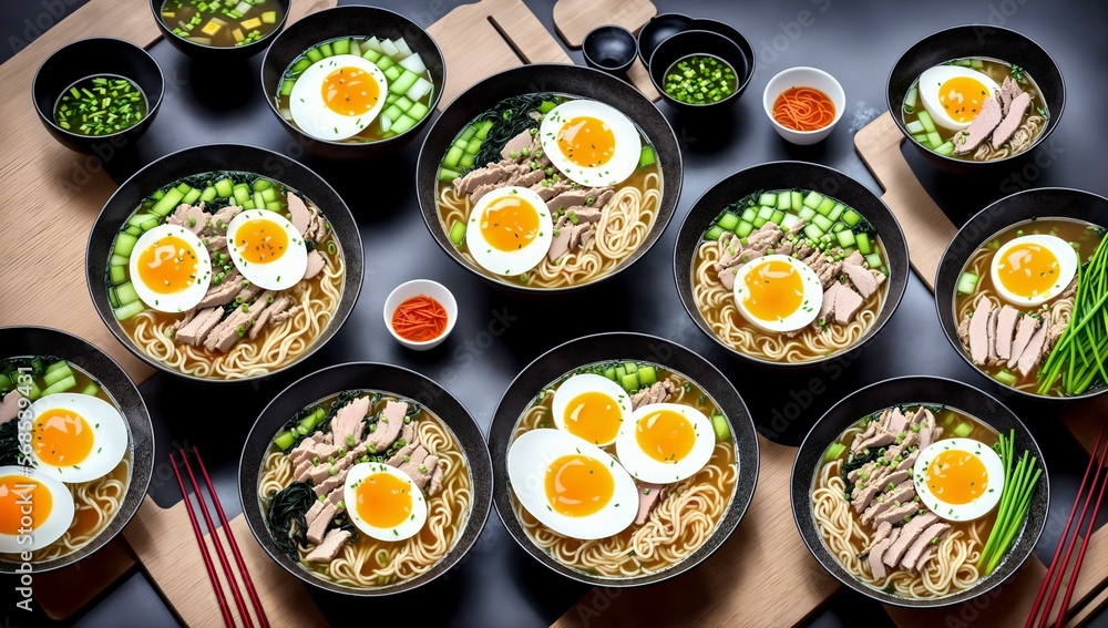 Delicious bowls of Japanese Ramen with egg, noodles, and chicken, Ai Generated Delicious bowls of Japanese Ramen with egg, noodles, and chicken, Ai Generated