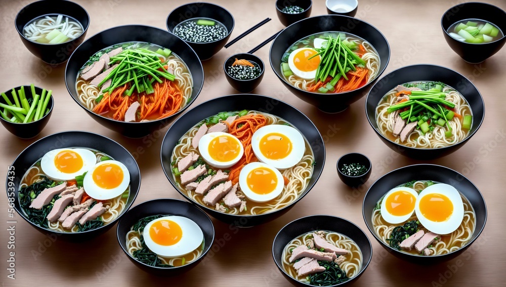 Delicious bowls of Japanese Ramen with egg, noodles, and chicken, Ai Generated Delicious bowls of Japanese Ramen with egg, noodles, and chicken, Ai Generated