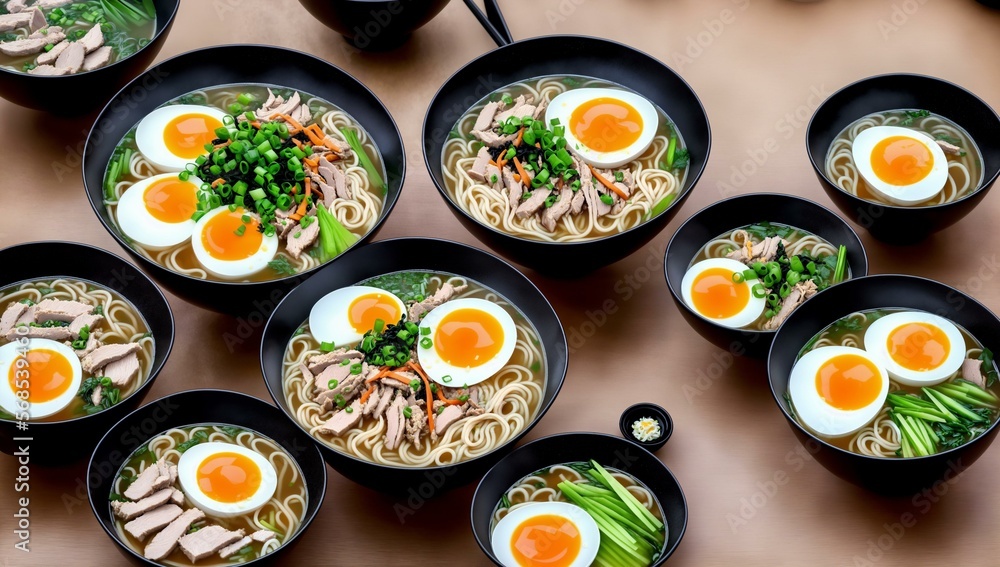 Delicious bowls of Japanese Ramen with egg, noodles, and chicken, Ai Generated Delicious bowls of Japanese Ramen with egg, noodles, and chicken, Ai Generated