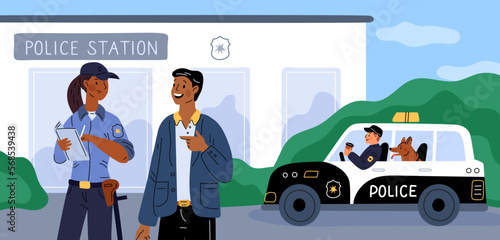Police station. People in uniforms and civilian clothes. Officer drives professional patrol car. Law security service building. Policeman occupation. City landscape. Garish vector concept