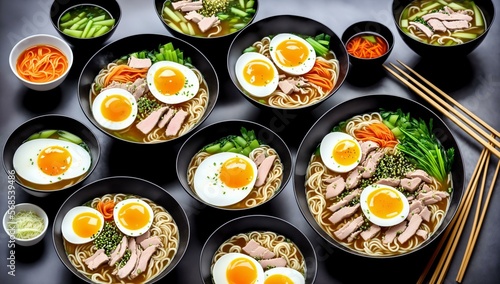 Delicious bowls of Japanese Ramen with egg, noodles, and chicken, Ai Generated