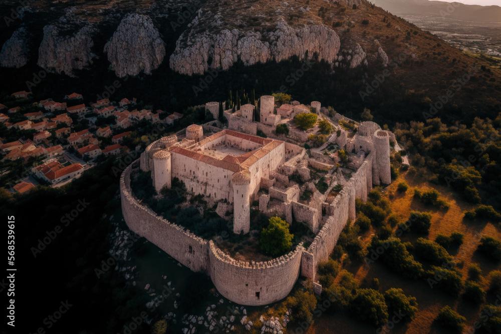 Klis stronghold in Split, Croatia, as seen from above. Generative AI