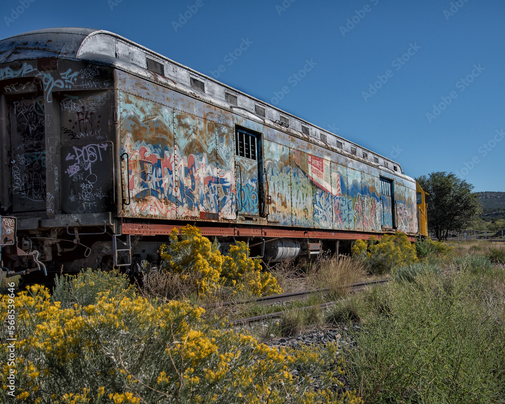 Graffiti covered rail car. Graffiti covered rail car.