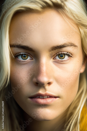 Close-up portrait of a beautiful woman with blond hair and brown eyes - AI generative