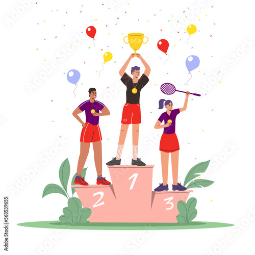Winner ranking. People on podium with medals and gold cup. Award ceremony. Sporting achievements. Successful athlete characters. Sport competition. Champions pedestal. Vector concept