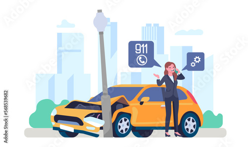 Woman driver calls for emergency help with her car. Traffic accident. Automobile and road lantern collision. Auto crash. Female calling 911 by phone. Transport wreck. Vector concept © VectorBum