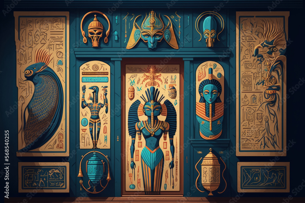 Wall paintings featuring hieroglyphs and ancient Egyptian deities ...