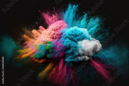 explosion of white powder against a black background. cloud with color. Bright dust explodes. Color Holi. Generative AI