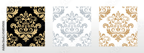 Wallpapers in the style of Baroque. Seamless vector backgrounds. Set of colored floral ornaments. Graphic patterns for fabric, wallpaper, packaging. Ornate Damask flower ornaments
