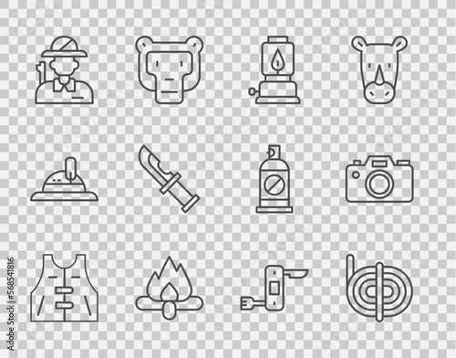 Set line Hunting jacket, Climber rope, Camping lantern, Campfire, Hunter, knife, Swiss army and Photo camera icon. Vector