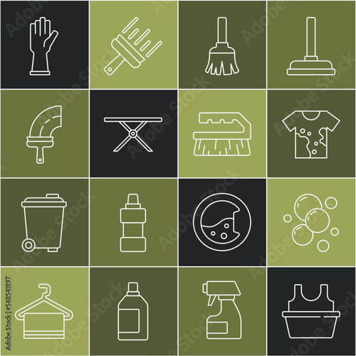 Set line Basin with shirt, Soap water bubbles, Dirty t-shirt, Feather broom, Ironing board, Rubber cleaner for windows, gloves and Brush cleaning icon. Vector