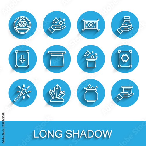 Set line Magic wand, stone, Masons, Witch cauldron, Magician hat in hand, Ancient magic book and icon. Vector
