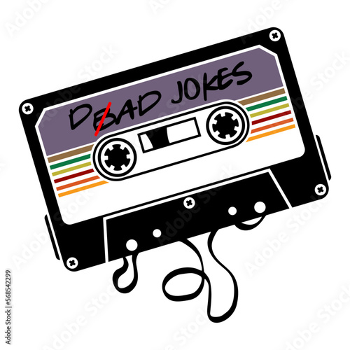 Old audio cassette with Dad Jokes phrase. Celebration of Father's Day and birthday vector tee shirt design.