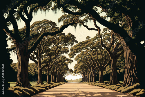 Oak trees surround the driveway at the famed Wormsloe Plantation in Savannah, Georgia, USA. Generative AI photo