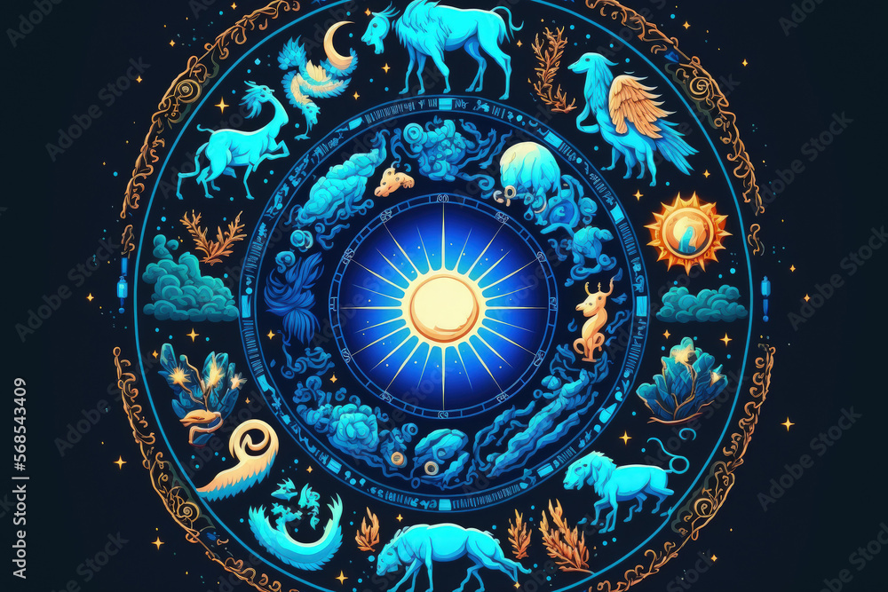 signs of the zodiac inside the horoscope circle. Concept of astrology in the sky and horoscopes. Generative AI