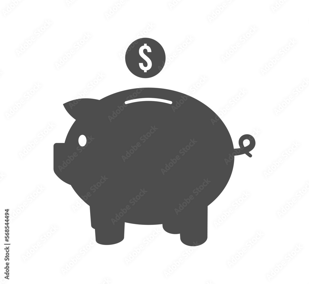 Piggy bank icon silhouette with coin on white background Piggy bank icon silhouette with coin on white background