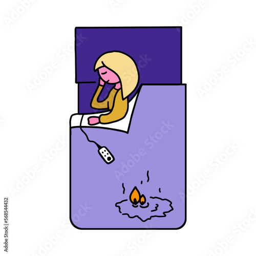 A dangerous electric blanket. Poor quality heating blanket. A person is sleeping, the blanket is smoldering, burning. Isolated vector image.