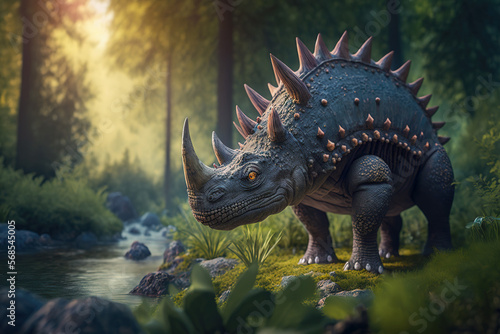 Dinosaur: Stegosaurus in a lush meadow surrounded by tall trees, Generative AI