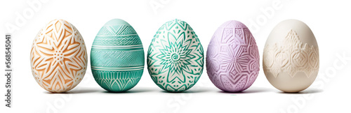 Easter Eggs in a Row: A Colorful Display of Pastel Decorations on a Bright White Background