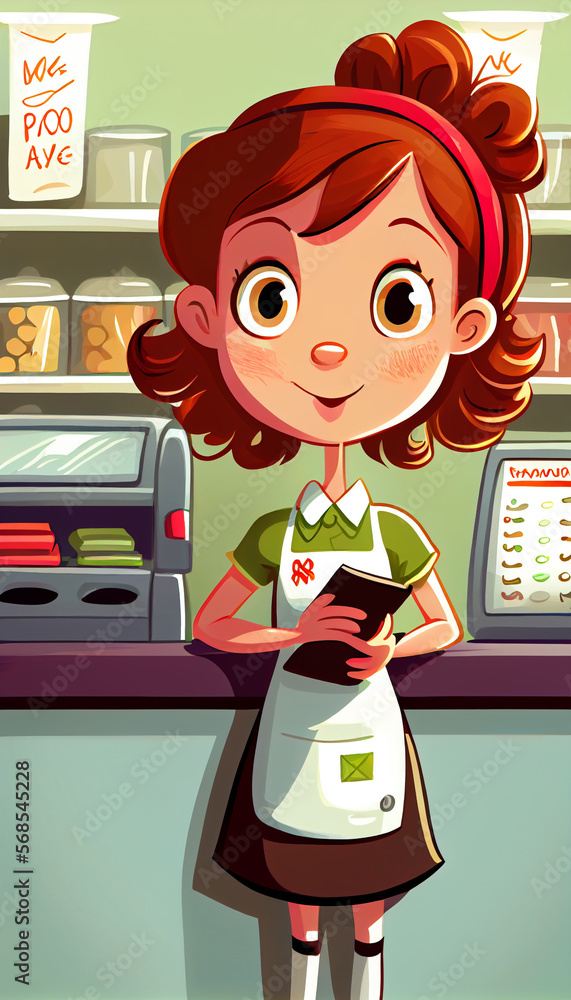 Cartoon character children book illustration, generative Ai, cashiers in a store Stock