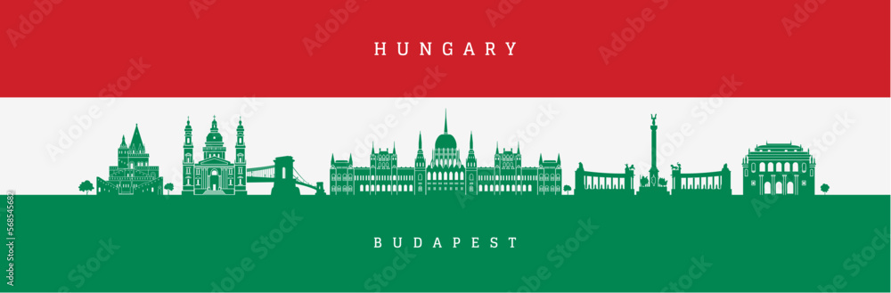 Budapest city monument silhouettes. Vector illustration of the  hungarian nation flag colors.