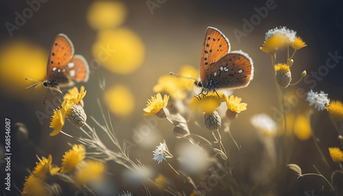 Joyful and lively spring summer capture of yellow flowers and butterflies in a field, outdoors in nature, on a bright sunny day. Soft Selective Macro Focus, made with Generative AI photo