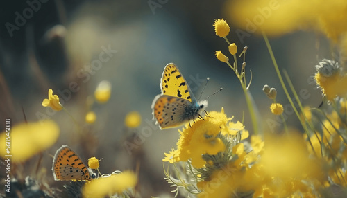Spring and summery image, full of joy, of yellow flowers and butterflies in a beautiful, natural outdoor field in bright sunlight. Macro focus. Made with Generative AI photo