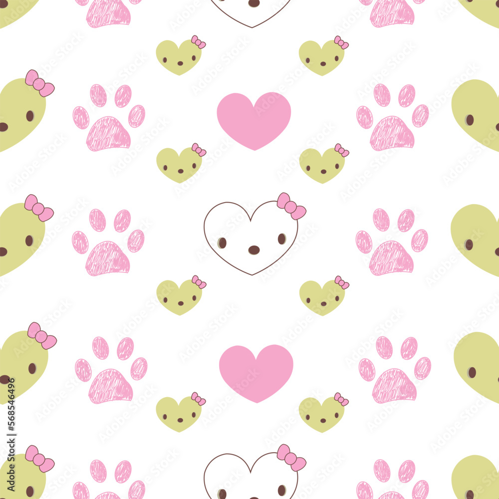 Cute paw print pattern with pink hearts Cute paw print pattern with pink hearts
